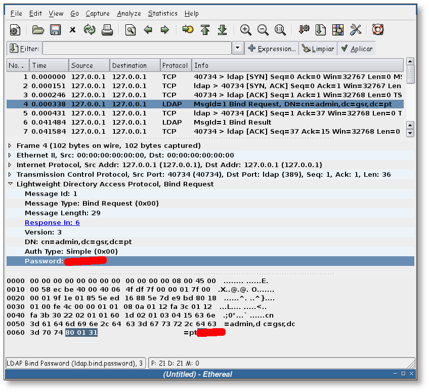 Captura de la clave del administrador del directorio LDAP con ethereal