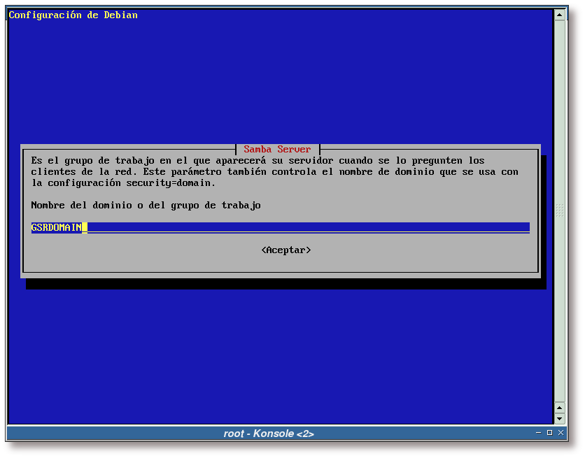 Configuración del grupo de trabajo/dominio de samba mediante debconf